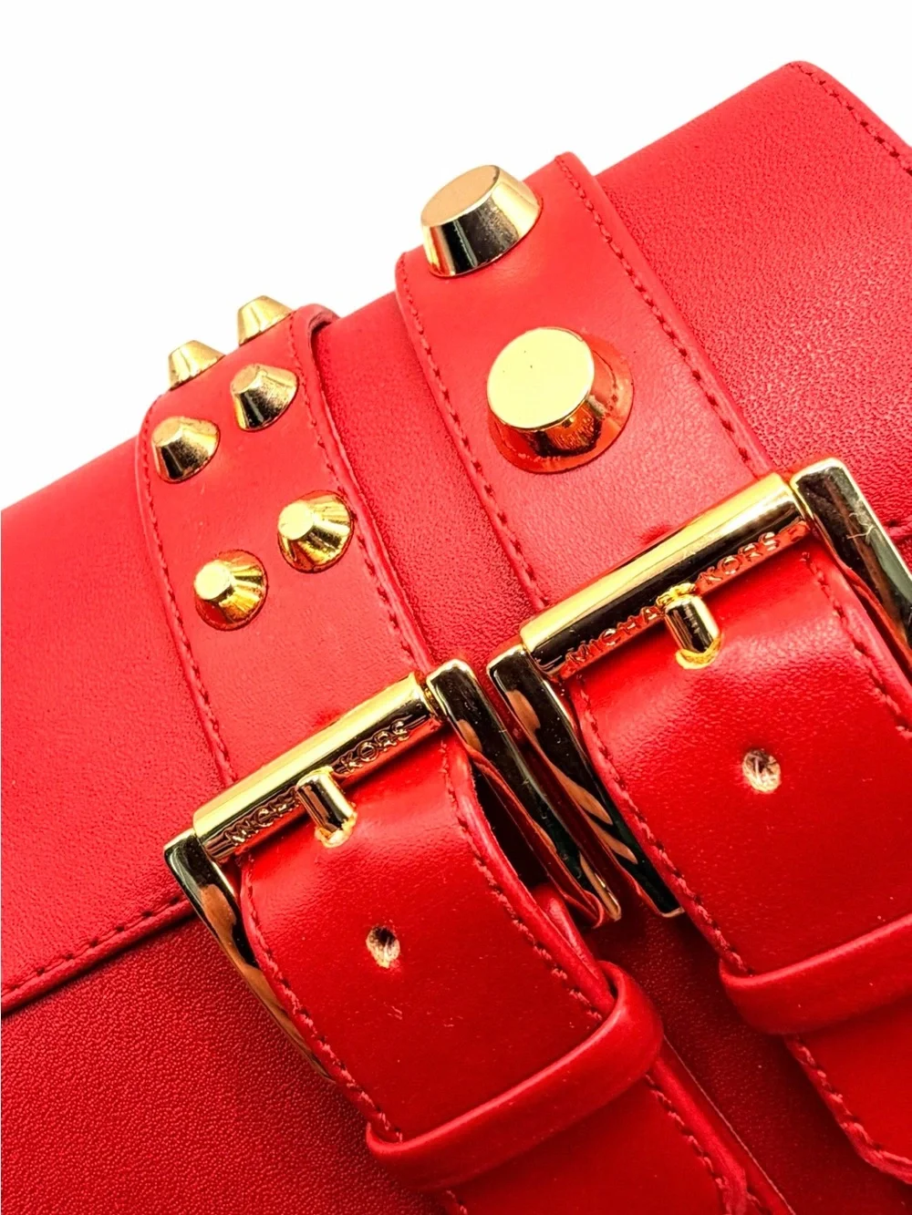 Michael Kors Amal Studded Leather Ankle Boots Crimson Red Gold Studs Stiletto 7M